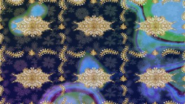 Oriental raster klasik mavi ve altın desenli. Raster illüstrasyonu. Soyut arkaplan çizimi.