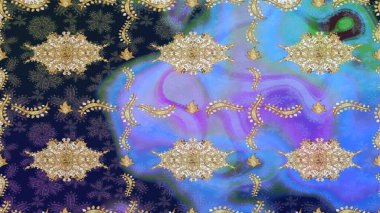 Raster illüstrasyonu. Klasik Raster altın desenini çiz. Klasik klasik klasik arka plan. Mavi renkler ve altın elementler üzerine çizim. Geleneksel oryantasyon süsü.