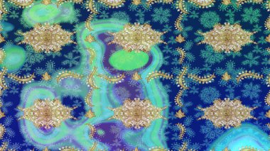 Eskiz desenli oryantal süs. Çiçek kiremitleri. Altın elementlerle mavi renklerde altın desen. Raster altın tekstil baskısı. İslam tasarımı.