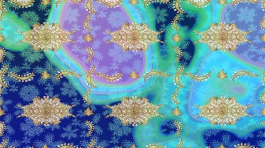 Ortaçağ çiçek desenini çiz. Dekoratif simetri arabesk. Mavi renkte altın. Doğum günü kartı, davetiye ya da afiş için iyidir. Raster illüstrasyonu.