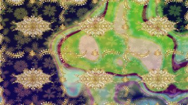 Soyut bir arkaplan çiz. Raster illüstrasyonu. Oriental raster klasik yeşil ve altın desenli.