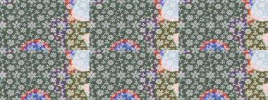 Renkli Bahar Teması eskiz kalıbı. Raster illüstrasyonu. Taslak desenli, modaya uygun kumaş deseni. Düz Çiçek Elementleri Tasarımı. Şirin çiçek elementleri..