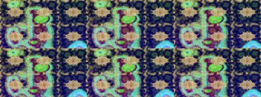 Tekrarlayan ögelerle soyut arkaplan çiz. Klasik raster şablonu. Mavi ve altın desenli.