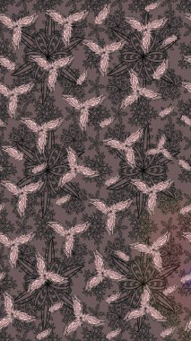 Kahverengi renklerde bahar çiçekleri. Raster illüstrasyonu. Çiçek ve yapraklı karalama şeklinde Raster çiçek deseni.