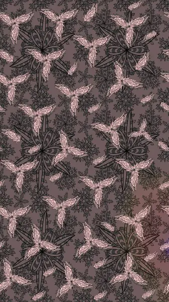 Kahverengi renklerde bahar çiçekleri. Raster illüstrasyonu. Çiçek ve yapraklı karalama şeklinde Raster çiçek deseni.