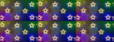 Düşen Noel stili kar taneleri. Güzel, mavi, yeşil ve mor kar taneleri renkli bir arka planda izole edilmiş. Kar taneleri, kar yağışı. Görüntü.