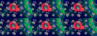 Raster Modaya uygun kumaş deseni. Mavi renkli şirin çiçek deseni. Düz Çiçek Elementleri Tasarımı. Renkli Bahar Teması çizim şablonu.