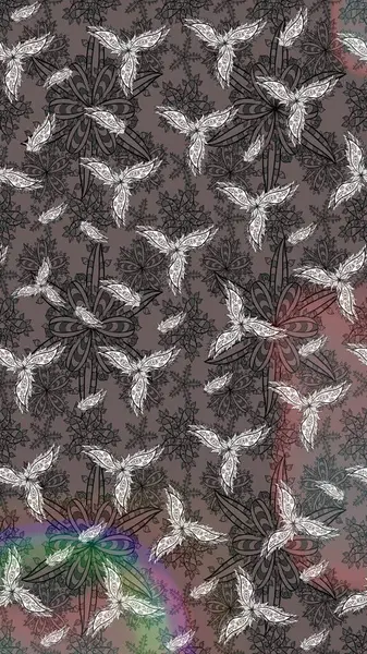 Şirin çiçekli eskiz deseni ve gri renkli yapraklar, suluboya çiçek deseni, duvar kağıdı, kart veya kumaş için fayanslı. Raster illüstrasyonu.