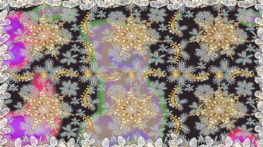 Altın karalama fantezi yapraklarından ve gri renkli çiçeklerden Raster soyut çiçek çelengi. El yapımı dekoratif çerçeve, albüm kapağı, tebrik kartı, klasik Art deco tarzı.