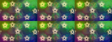 Bokeh yeşili, mavi, kahverengi ve kar taneleriyle dekoratif Noel arkaplanı. Raster illüstrasyonu.