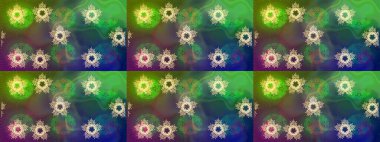 Bokeh yeşili, mavi, kahverengi ve kar taneleriyle dekoratif Noel arkaplanı. Raster illüstrasyonu.