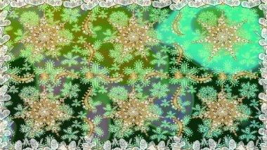 Geleneksel oryantasyon süsü. Klasik klasik klasik arka plan. Yeşil renklerde, altın elementlerle kusursuz desen. Klasik raster altın pürüzsüz desen.