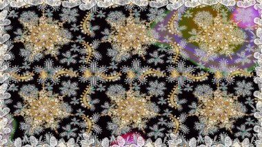 Doğu tarzı arabesk. Gri renklerde, altın elementlerle kusursuz desen. Parlak dantel, stilize çiçekler, şal desenli. Kusursuz altın desenli bukleler. Raster. Zarif altın deseni aç.