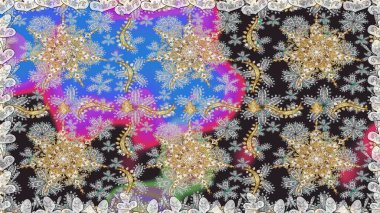 Raster illüstrasyonu. Dekoratif simetri arabesk. Gri renklerde altın. Doğum günü kartı, davetiye ya da afiş için iyidir. Kusursuz ortaçağ çiçek desenleri..