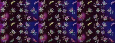 Raster illüstrasyonundaki çiçek desenli çizim. Çiçekler suluboya tarzında kahverengi, mavi ve siyah renklerde.