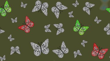 Raster illüstrasyonu. Kelebek yineleme dokusunun güzel çizimi karşıtlık katmanında izole edilmiş. Korunmak için vahşi yaşam böcekleri için arka plan. Doğa kelebeği temayı yeşil renklerle tekrarlar.