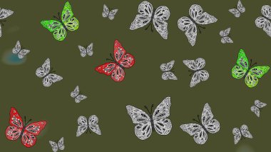 Yeşil renkli resim. Yeşil arka planda renkli kelebeğin çizim şekli. Karala, karala, karala. Raster..