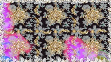 Gri renkler ve altın elementler üzerinde altın pürüzsüz desen. Raster illüstrasyonu. Tekrarlayan elementlerle soyut arkaplan oluşturun. Kusursuz, klasik altın desen..