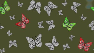 Raster illüstrasyonu. Kelebek yineleme dokusunun güzel çizimi karşıtlık katmanında izole edilmiş. Korunmak için vahşi yaşam böcekleri için arka plan. Doğa kelebeği temayı yeşil renklerle tekrarlar.