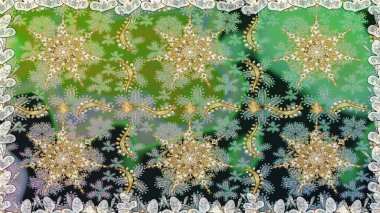 Çiçek kiremitleri. Raster altın tekstil baskısı. İslam tasarımı. Altın elementlerle yeşil renklerde altın desen. Kusursuz desenli oryantal süs.