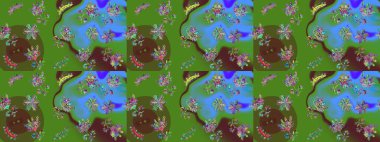 Kusursuz bir arka plan modeli. Yeşil, mavi ve kahverengi yapraklı yabani çiçekler. Suluboya, elle çizilmiş. Raster illüstrasyonu.