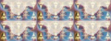 Raster illüstrasyonu. Renkli arka planda izole tatlı kar taneleri. Soyut mandala ya da tuhaf kar tanesi çizgisi sanat tasarımı.