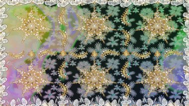 Gri renklerdeki altın element. Barok tarzında altın çiçekli süs. Doku arka planında altın duvar kâğıdı. Damask kusursuz yinelenen arkaplan.