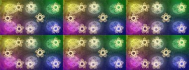 Yeşil, nötr ve mor renkli kar taneleri. Renkli arka planda izole tatlı kar taneleri. Kar tanesi raster deseni. Raster illüstrasyonu.