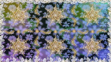 Kına dövmeli süs çiçekleri, altın çıkartmalar, mehndi ve yoga tasarımı, kartlar ve parmak izleri. Raster Golden Mehndi kusursuz desen. Gri renklerde desen.