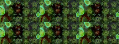 Renkli desenli eskiz deseni, yeşil çiçekler ve dekoratif elementlerle. Eskiz geçmişi. Raster illüstrasyonu. Eski usul. Kumaş, tekstil ve duvar kağıdı baskısı için..