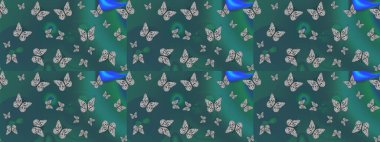 Mavi renkli illüstrasyon. Egzotik Kelebekli Tropik çizim modeli. Moda Kumaşı Tasarımı. Raster..