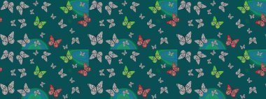 Bir sürü kelebek desenli çizim. Mavi renkli resimler. Erkekler, kızlar, kıyafetler, duvar kağıtları için soyut bir model. Fantezi çizimi. Raster..