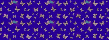 Kelebekli tasarım. Çizim, karalama, karalama. Robot resim. Raster illüstrasyonu. Mavi arka planda kelebekler. Sonsuz.