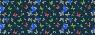 Erkekler, kızlar, kıyafetler, duvar kağıtları için soyut bir model. Bir sürü kelebek desenli çizim. Fantezi çizimi. Raster. Mavi renkli resimler.