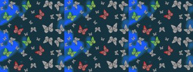 Raster. Karala, karala, karala. Mavi renkli resim. Mavi arka planda renkli kelebeğin çizim şekli.