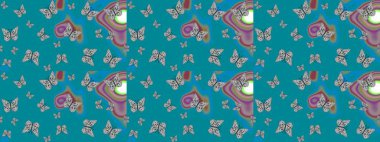 Mavi arka planda bir resim. Robot resim. Kumaş, tekstil, baskı ve davetiye örnekleri. Kelebek deseni. Raster..