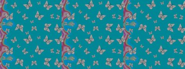 Giysi tasarımı için mavi arka planda dekor. Raster illüstrasyonu. Renkli kelebeklerin eskiz arka planı.