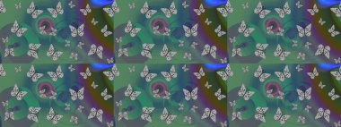 Kumaş, kağıt, ambalaj kâğıdı ve duvar kağıdı tasarımı için hoş bir arka plan. Yeşil. Kelebeklerle çizim yapın.