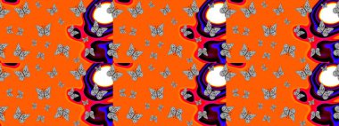 Nakış, egzotik kelebeklerle süslü çiçek eskiz deseni. Kart, baskı ve davetiye için basit şirin bir desen. Raster geleneksel çiçek dekoru turuncu arka planda giyim tasarımı için.