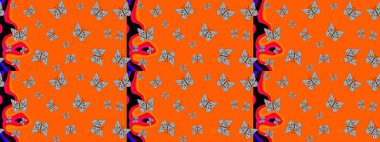 Turuncu arka planda güzel renkli kelebeklerin Raster vintage el çizimi. Raster illüstrasyonu. Moda sevimli kumaş tasarımı.