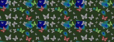 Rastgele yeşil kelebekler şirin desenler. Raster illüstrasyonu. Robot resim. Yeşil arka planda kelebek. Davet, kart, yazdırma için basit kadınsı desen.