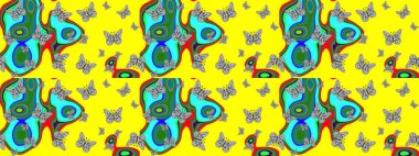 Tekrarlanan karalamalar. Mistik, semboller. Sarı arka planda el çizimi. Renk çizimi şablonu.