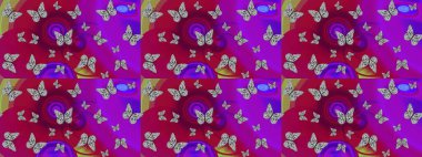 Raster illüstrasyonu. Basit bir şekilde. Eskiz kalıbı arka planı. Mor renkte soyut sevimli kelebek.