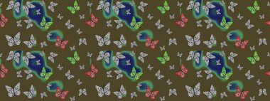 Raster illüstrasyonu. Web sayfası geçmişleri, duvar kağıtları, tekstil ve yüzey dokuları için mükemmel. Çizim kalıbı. Yeşil arka plandaki suluboya kelebeklerin. Raster..