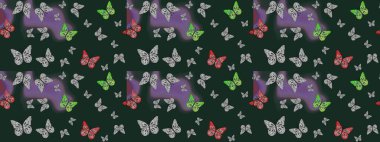 Ambalajlar, duvar kağıtları, kumaş tasarımı ve kağıt için güzel bir arka plan. Raster illüstrasyonu. Mavi üzerine şirin kelebekler. Renkli kelebeklerin eskiz arka planı.