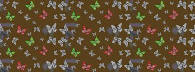 Farklı yönlere uçan renkli kelebek koleksiyonu. Kızlar, erkekler, elbiseler, duvar kağıtları için soyut çizim kalıpları. Raster illüstrasyonu.