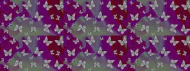 Tekstil, duvar kâğıtları, web sayfası arkaplanları ve yüzey dokuları için mükemmel. Raster illüstrasyonu. Gri renkli sevimli kelebek çizimi. Tropikal temada kelebek çiçek deseni.