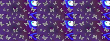 Kelebek deseni. Menekşe arkaplanda resim. Kumaş, tekstil, baskı ve davetiye örnekleri. Raster. Çizim.