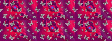 Mor arka planda bir resim. Robot resim. Kumaş, tekstil, baskı ve davetiye örnekleri. Kelebek deseni. Raster..