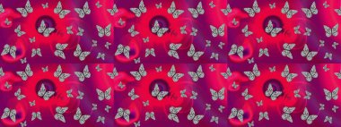 Çizim kalıbı. Kağıt, kumaş ve ambalaj için uygun. Mor sevimli arka planda kelebekler. Raster..